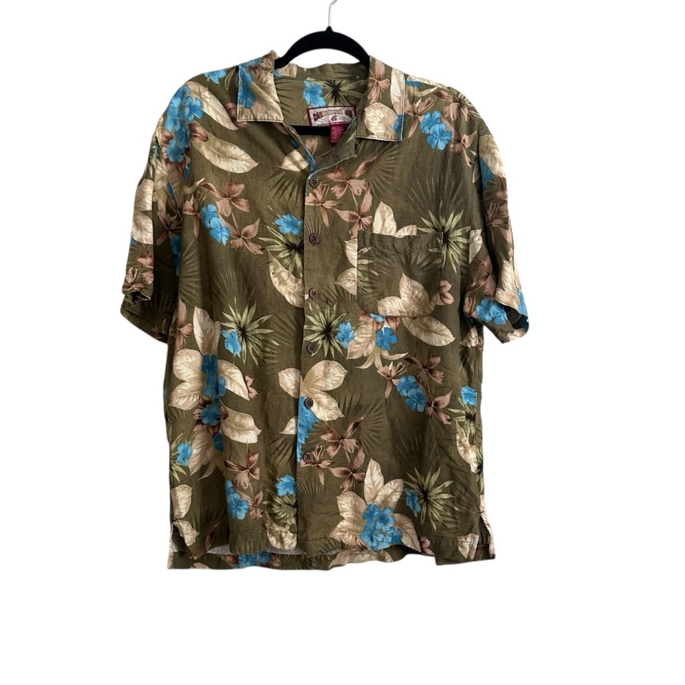 Mens Caribbean Joe Hawaiian Shirt Sz Lg Browns Blue Floral Linen Blend Button Fr